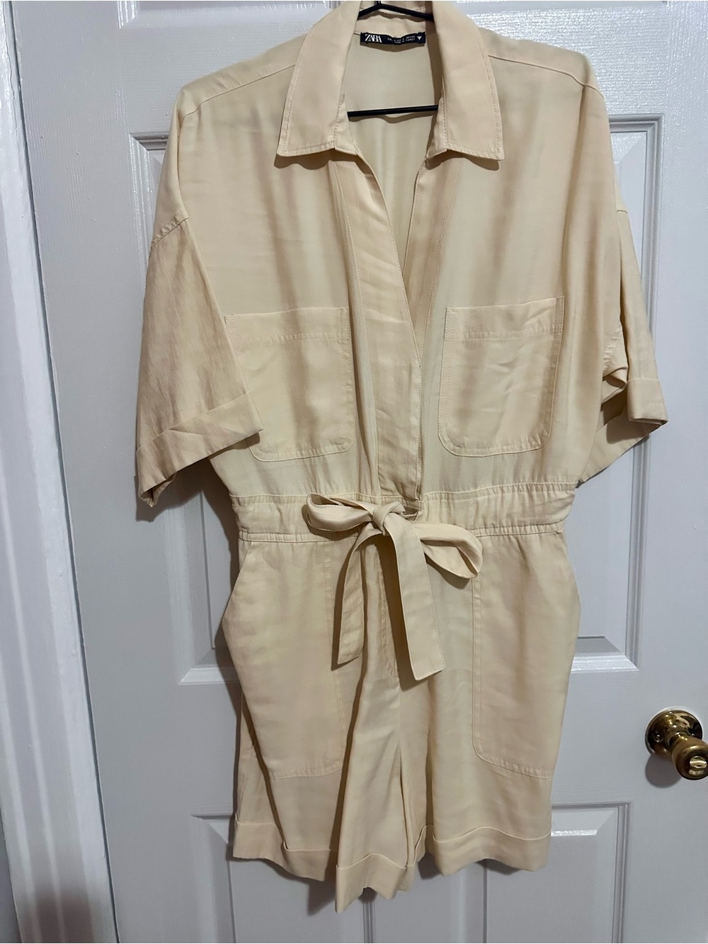 Zara Cream Short-Sleeve Tie-Waist Romper with Collar